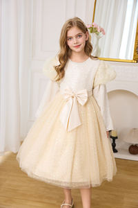 Elegante abito da principessa con scollo a o di alta qualità per <span class=keywords><strong>ragazze</strong></span> a maniche lunghe con maniche a bolle rotto con fiocco di diamanti in cotone dolce Performance ODM - Product Image 3