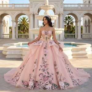 Robe de bal de luxe rose poudré 1550 2026 avec broderie florale 3D, appliques en cristal, perles et dentelle, robe de soirée naturelle pour Quinceañera - Product Image 1