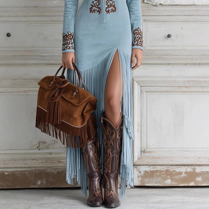 Abito da Donna in Stile Western Retrò Etnico per l'Autunno - Tessuto in Camoscio con Frange e <span class=keywords><strong>Stampa</strong></span> Floreale Asimmetrica - Product Image 2