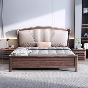 Walnut Solid Wood Bed 1.8m Double Storage Master Bedroom Upholstered <b>Headboard</b> Modern Minimalist Style - Product Image 2