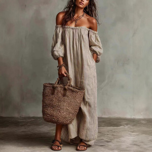 Elegante Vestito Estivo da Donna con Spalle Scoperte, <span class=keywords><strong>a</strong></span> <span class=keywords><strong>Righe</strong></span>, Maniche <span class=keywords><strong>a</strong></span> Lanterna, Sexy, Senza Schienale, <span class=keywords><strong>in</strong></span> <span class=keywords><strong>Lino</strong></span>, <span class=keywords><strong>Abito</strong></span> da Sera Casual - Product Image 1