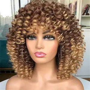 Jerry Curly Machine Made Keine Lace Perücken Highlight Ombre Farbe Virgin Human Hair Bob Perücke Mit Pony Afro Kinky Short Fringe Perücke