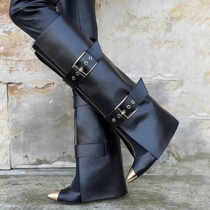 Women's Metal Pointed Toe Knee High <b>Boots</b> Ladies Buckles High Heels Overlay Shoes Front Zipper Pants Long Booties - Product Image 1