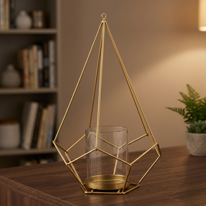 Porte-bougie suspendu géométrique en fil de fer doré avec lanterne à bougie chauffe-plat en verre pour la décoration de la maison - Product Image 2
