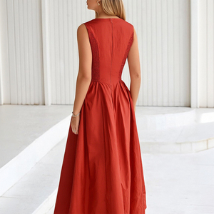 定制女性夏季热卖实心时尚风格a字裙复古无袖女士优质百褶裙 - Product Image 2