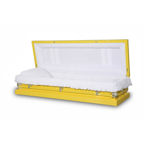 Ataúdes de metal de estilo americano <span class=keywords><strong>simple</strong></span> de oro barato con accesorio de oro e interior blanco para uso funerario hechos en China - Product Image 1