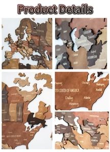 Tranh treo tường bản đồ thế giới khắc 3D tự nhiên, trang trí văn phòng, phòng khách, đồ thủ công bằng gỗ, hộp gỗ và biển treo tường có đèn LED - Product Image 2