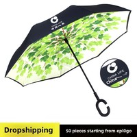 Parapluie Inversé Créatif à Long Manche et Motifs, Mains Libres en Forme de C pour Voiture, Double Couche, Vente en Gros, Personnalisable pour Publicité