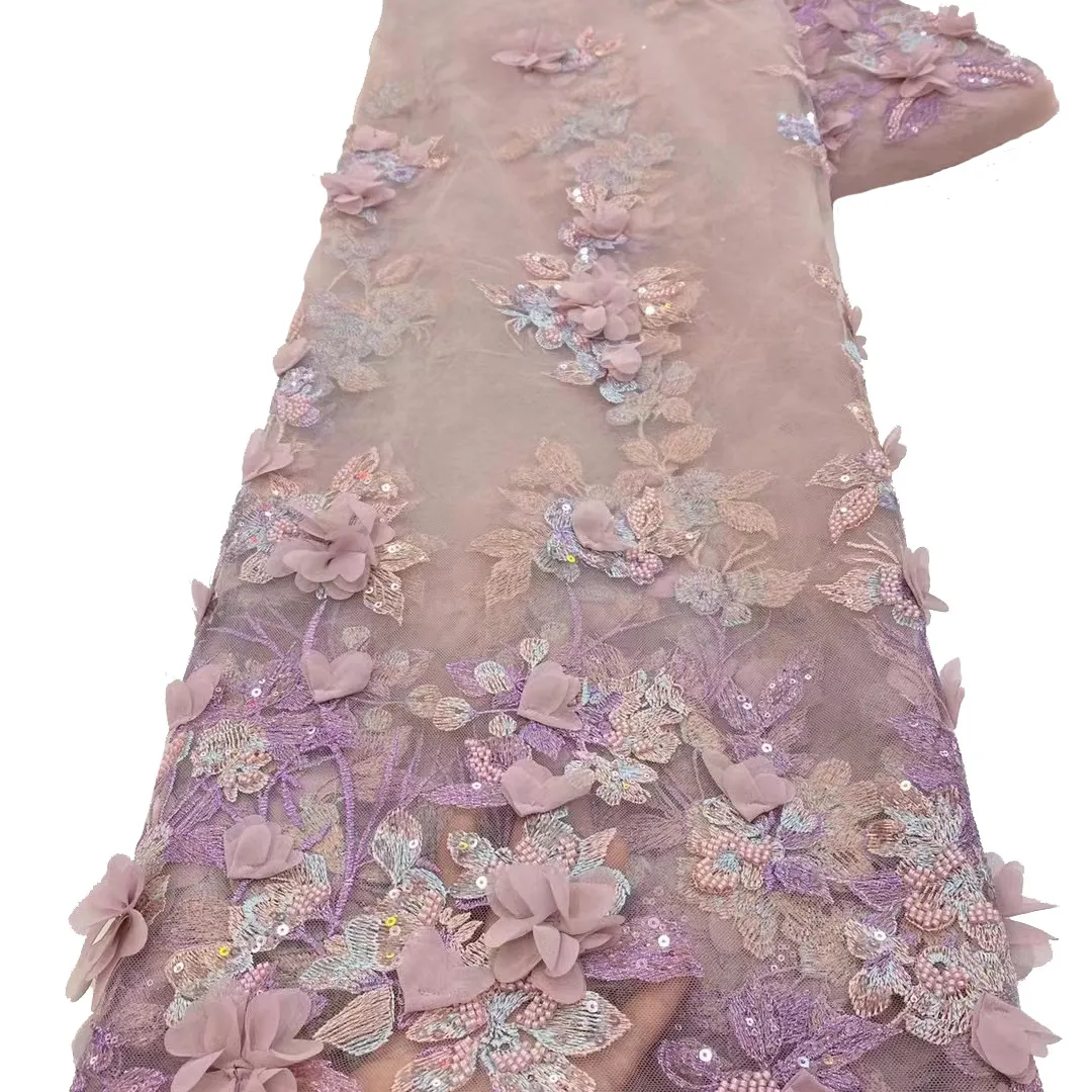 Vestido de flores tridimensional tela bordada moda vestido de novia francés tela de encaje de tubo de cuentas