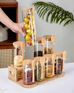 Regalos IStapromo, Frascos de Vidrio Herméticos de 10 oz con Tapas de Bambú y Cucharas, Recipientes de Cocina para Café, Azúcar, Granos, Té, Especias, con Soporte de Bambú - Product Image 1