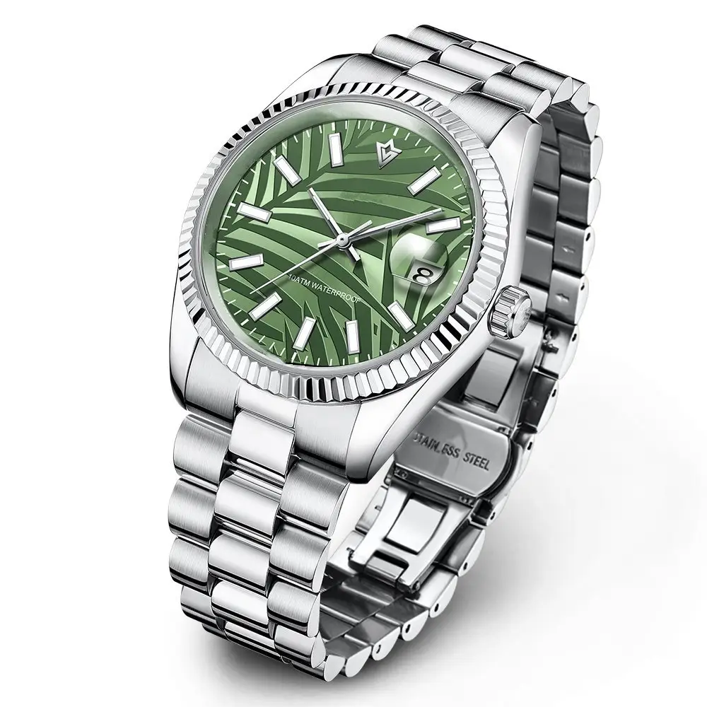 FREE SAMPLE Automatic Watch Men Mechanical Watches Olive Green Palm Motif Dial Waterproof Wristwatch