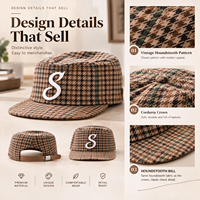 Casquette plate pied-de-poule en stock avec broderie 3D et sangle en cuir – Vente en gros pour boutiques de mode