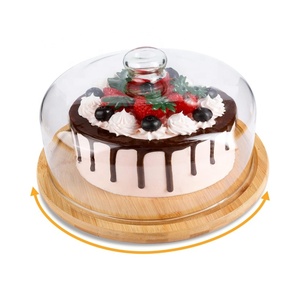Support à gâteau en bambou avec couvercle en verre, plateau rotatif pour cupcakes avec couvercle, support à gâteau avec base tournante - Product Image 3
