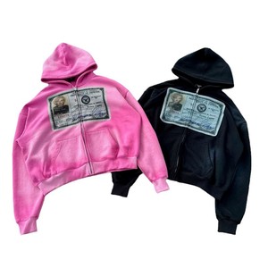Unisex <b>Pink</b> Black Zip-Up <b>Hoodie</b> with DTG Print Oversized Fit Knitted Cotton Sweatshirt Winter Vintage Washed - Product Image 1