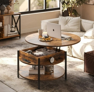 Farmhouse-Style 2-Tier Small Circle Dining <strong>Table</strong> with Hidden Compartment Lift-Top Design for Storage for Living Reception Rooms - Product Image 4