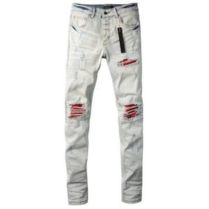 Jeans pour hommes, tendance, marque tendance, broderie, perforation, patchwork, tube droit élastique, coupe slim, pantalon long - Product Image 2