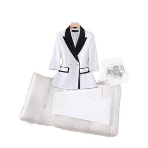 Women's Three Quarter Sleeve Color Block Blazer Pants Set Satin Anti Wrinkle Formal Commute Suit YSY6607 - Product Image 5