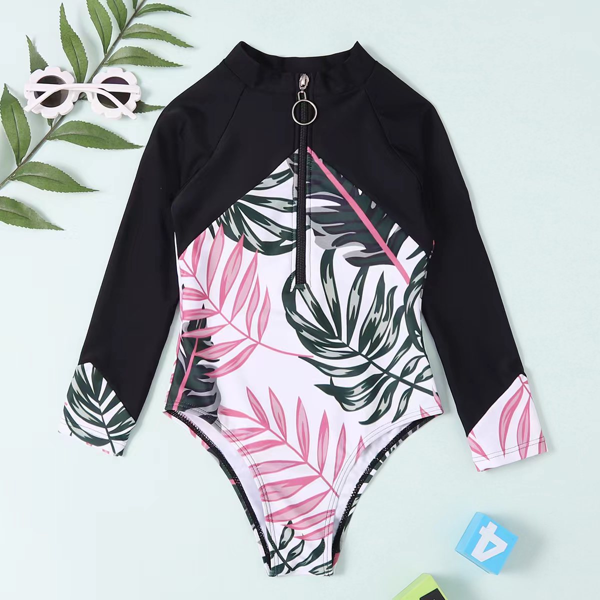 Maillot De Bain Une Pièce Fille – Manches Longues, Zip Devant, Imprimé Floral, 85% Polyester (tailles 4-16 Ans)
