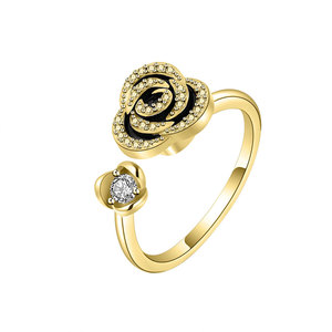 Minimalist Copper Gold Plated Black Rose Flower Rotating <b>Spinner</b> Relief Fidget Anxiety <b>Ring</b> Micro Insert Zircon For Women - Product Image 1