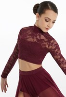 Usine nouveauté vente chaude femmes à manches longues dentelle haut court dentelle Costumes de danse danse haut court