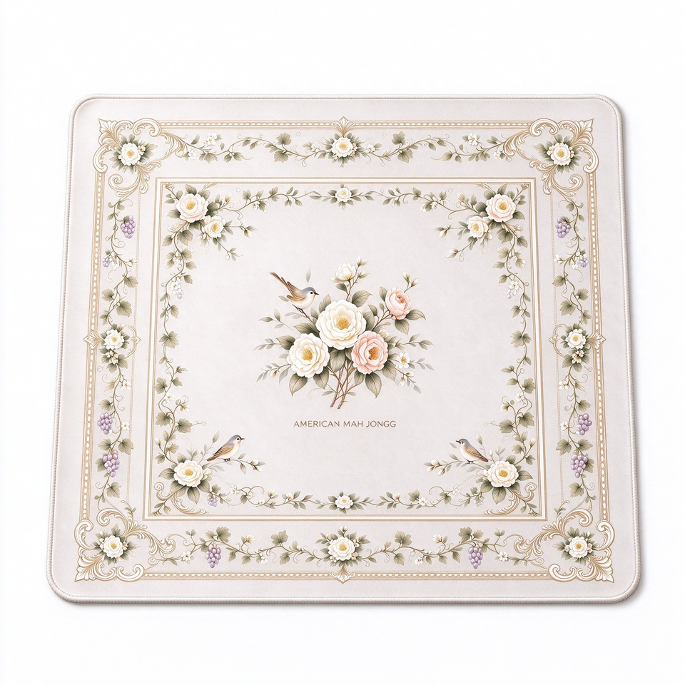 American Mahjong Table Mat Floral Bird Print Cream Square Non Slip ...