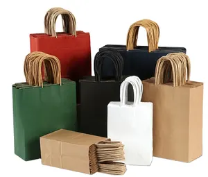 Recycled food takeaway brown kraft shop gift paper packaging bag with paper twist handle