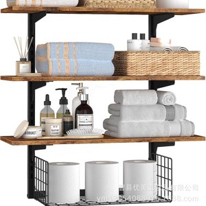 Magnifique étagère de rangement en bois de fer à 4 niveaux, murale, pour salle de bain et cuisine, couleur bois naturel, organisateur de serviettes, présentoir - Product Image 1