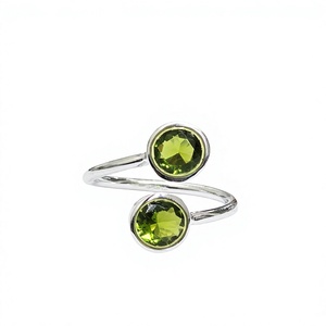 Anillo de Plata de Ley 925 Hecho a Mano con Doble Peridoto, Piedra Verde Redonda, Banda Ajustable, Joyería de Piedras Preciosas al por Mayor - Product Image 1
