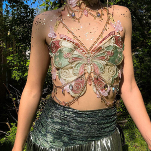 Camisole dos nu en cristal Lady Y2K, harnais <span class=keywords><strong>de</strong></span> festival rave, colliers <span class=keywords><strong>ras</strong></span> du <span class=keywords><strong>cou</strong></span>, broderie papillon, chaîne métallique, haut halter avec collier <span class=keywords><strong>ras</strong></span> du <span class=keywords><strong>cou</strong></span> - Product Image 1