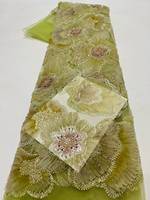 Tissu en dentelle brodé de fleurs 3D jaunes de luxe avec appliques, perles et sequins de haute qualité, léger et biologique, idéal pour la couture de créateurs