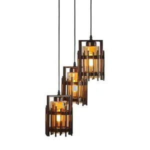 Hot Trend Pendant Hanging Lamp with Wooden Slats Glass Lampshade Antique Wood Fence Chandelier Celling Lights