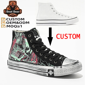 Chaussures décontractées en toile personnalisées pour hommes, motif tête de mort, montantes, vulcanisées, à faible MOQ, style vintage délavé, pour hommes et femmes - Product Image 1