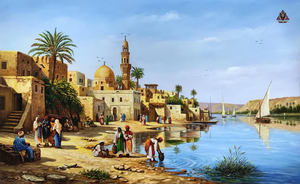 Pintura <span class=keywords><strong>al</strong></span> Óleo Orientalista Abstracta del Siglo XIX, Pueblo Egipcio en las Orillas del Nilo, Paisaje Árabe Islámico Pintado a Mano sobre Lienzo - Product Image 2