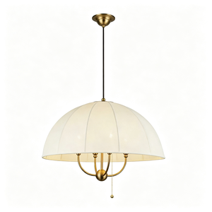 Lampada a Sospensione Vintage a Cupola in Tessuto, Struttura in Ottone Spazzolato con Interruttore a Catena, Paralume Semicircolare Bianco Crema - Product Image 2