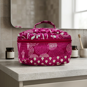 Fuchsia Swirl Quilted 100% Cotton Sustainable Cosmetic Bag Portable Toiletries Storage Round 200mL Capacity <b>Wardrobe</b> Use - Product Image 2