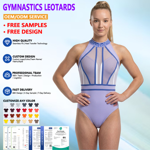 Justaucorps de gymnastique personnalisé Lilas, col montant, sans manches, avec empiècements en maille, passepoil géométrique, dos ouvert, pour compétition et entraînement, usine OEM ODM - Product Image 1