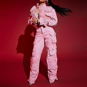 Ensemble deux pièces streetwear pour <span class=keywords><strong>femme</strong></span> : veste en jean délavé et pantalon <span class=keywords><strong>cargo</strong></span>, survêtement délavé à l'acide - Product Image 3