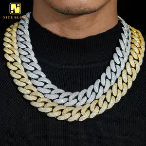 嘻哈时尚饰品冰镇20毫米古巴链18k镀金黄铜立方氧化锆钻石项链男士手链
