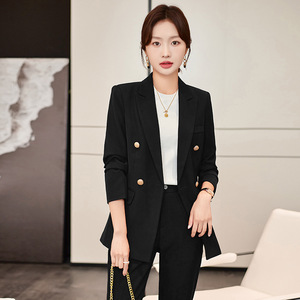 Women's Suit Set Gray Double Breasted Blazer With Bow Tie Anti-Wrinkle Solid Color Casual Work Wear - Product Image 2