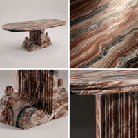 Table à manger en marbre de luxe Monica, marbre rouge, ovale, sculptée à la main, avec un magnifique piédestal en forme de lion, pour une décoration haut de gamme du salon.