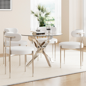 Contemporary Nordic Luxury 4-Seater <strong>Dining</strong> <strong>Table</strong> Set Modern <strong>White</strong> Chairs &amp; Round Glass <strong>Table</strong> with Silver Steel Home Use - Product Image 1