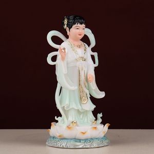 Statues de Bouddha Guanyin Doré de Bonne Fortune avec des acolytes masculins et féminins pour la vénération à domicile - Product Image 4