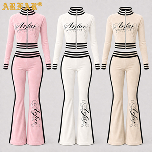 Produttori di Tute in <span class=keywords><strong>Velluto</strong></span>, Set Personalizzati all'Ingrosso per Donne, Giacca con Collo a Cono e Zip Colorata, <span class=keywords><strong>Pantaloni</strong></span> a Zampa, Set Coordinato in 2 Pezzi - Product Image 3