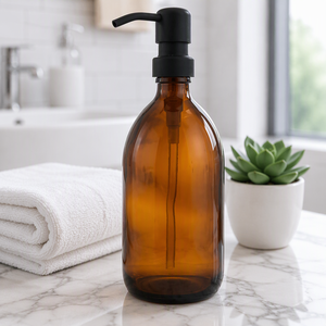 500ml Amber & helder glazen lotionfles met zwarte pomp, ronde vorm, zeepdispenser voor huidverzorging en shampoo - Product Image 1