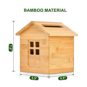 Boîte à mouchoirs en forme de maison en bambou, type rectangulaire sur pied, pour la maison, le bureau, boîte de rangement décorative - Product Image 2