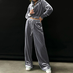 Nouvel ensemble 2 pièces pour femme en velours uni, haut à manches longues à capuche et pantalon à cordon de serrage, tendance - Product Image 3