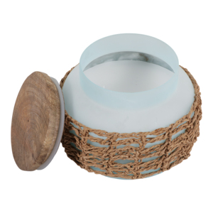 Candela in barattolo di vetro con coperchio in legno e rivestimento in tessuto decorativo per uso domestico interno - Product Image 5