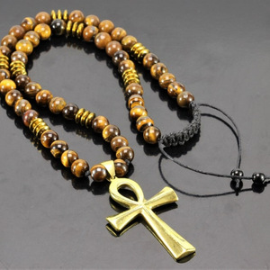 Collar de Cruz de hematita dorada con cuentas de piedra de ojo de tigre de piedra Natural Católica Cristiana religiosa de alta calidad para hombres - Product Image 1