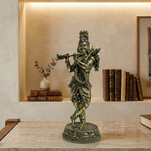 Handmade Brass Lord Krishna Statue Wax Casting Flute Playing | Antique Finish Brass Krishna Murti-Nirmala Handicrafts Rajasthan - Product Image 1