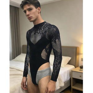 Combinaison en maille à manches longues pour homme, noire, en spandex et polyester, pour la danse sur scène - Product Image 4
